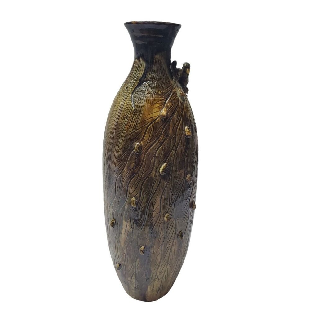 Vintage Handmade Ceramic Vase 16" Art Pottery Decorative Bird Wood Design